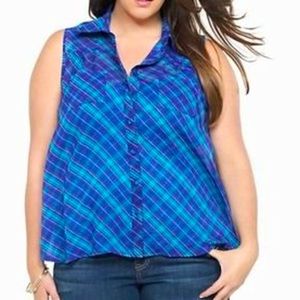 Torrid Sheer Blue and Purple Plaid Button-Down Sleeveless Top 3X
